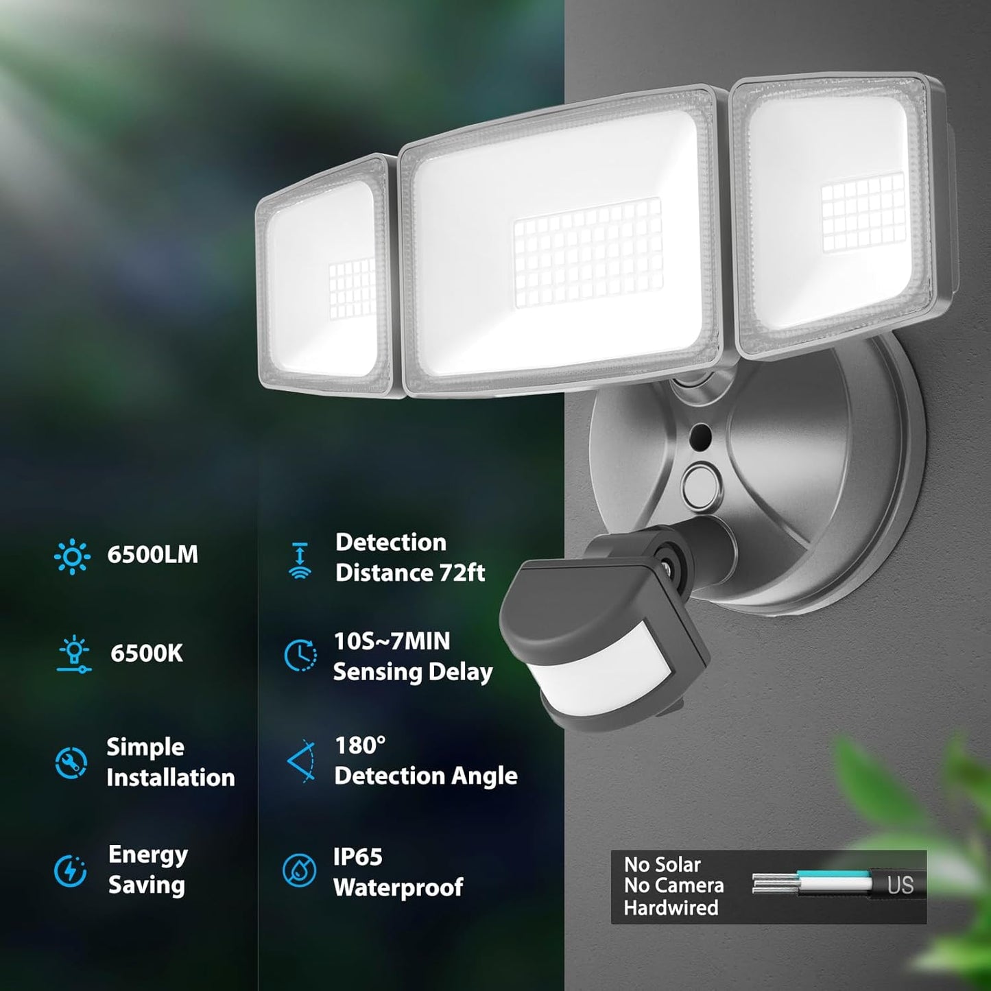 Onforu 65W LED Security Lights Motion Sensor Light Outdoor, 6500LM, 6500K, IP65 Waterproof, Flood Light Outdoor Motion Detector with Adjustable 3 Head, Hardwired Wall Light for Entryway, Yard (Gray)