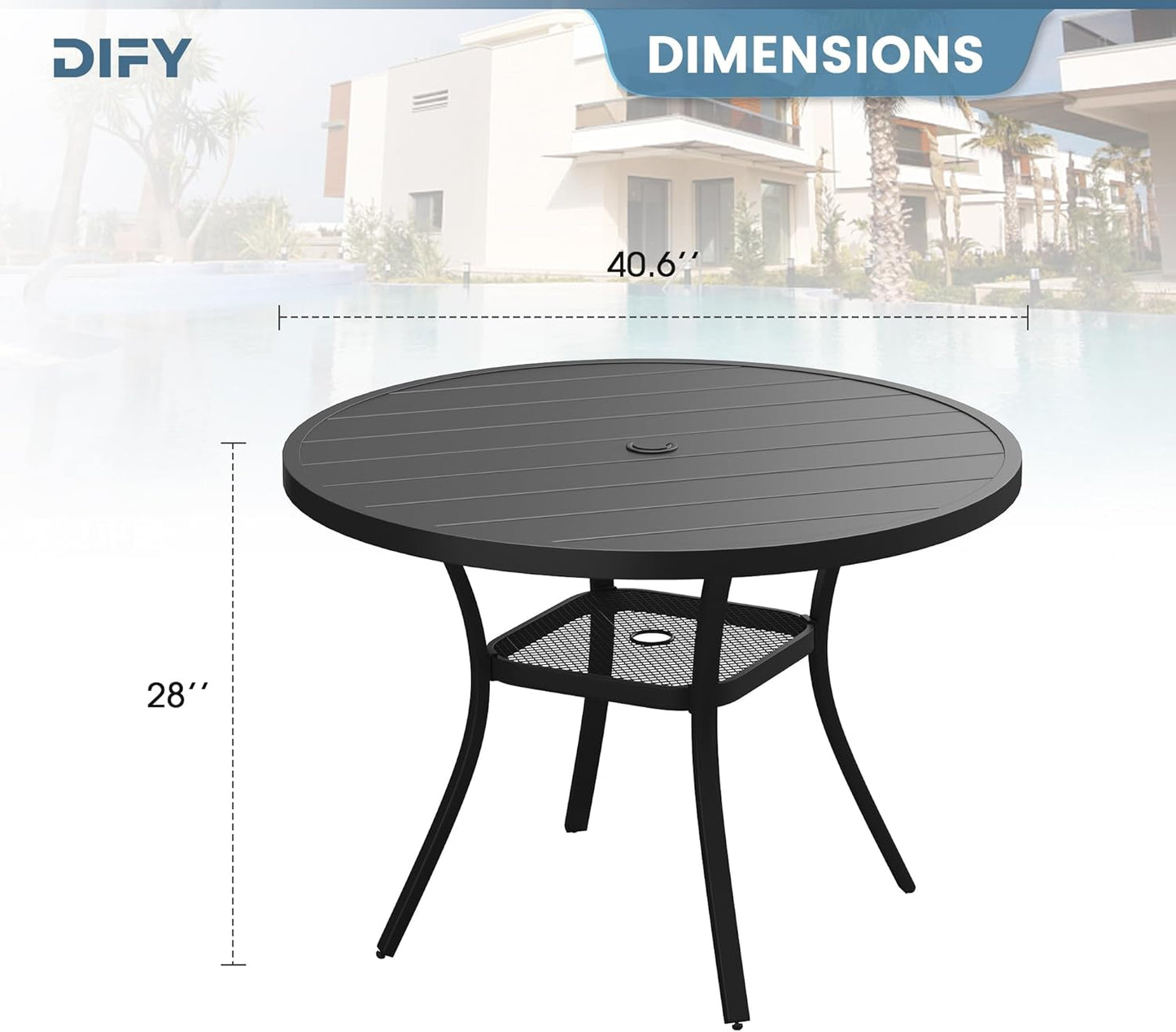 DIFY Outdoor Dining Table for 4, Round Patio Table with Umbrella Hole for Garden, Backyard and Porch (Black)