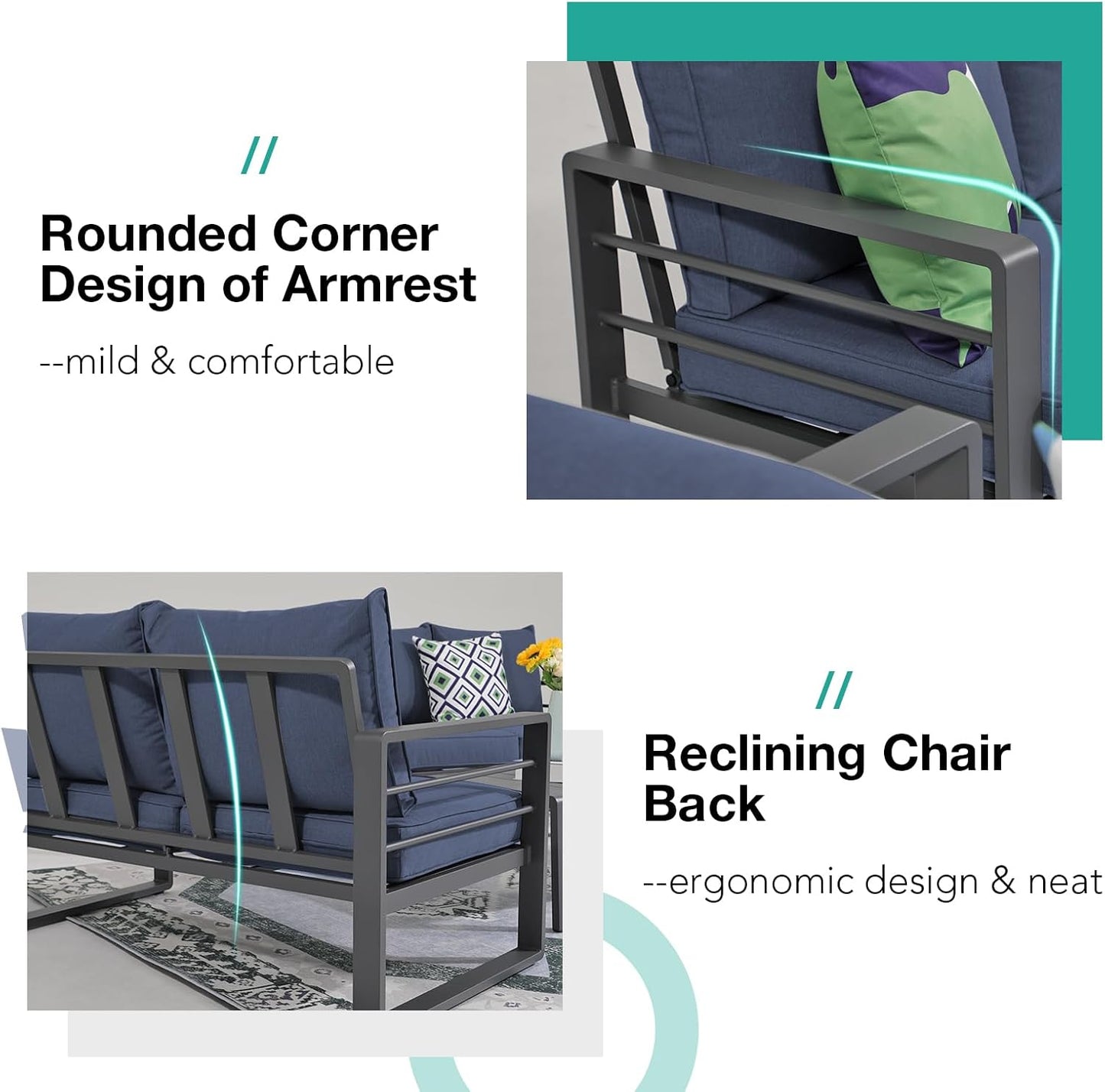 Patiorama Aluminum Patio Furniture Set, Outdoor Patio 3-Seater Sofa, 3 Seats Couch, All Weather Dark Grey Metal Chair with Olefin Cushion, Deep Seating, 800 lbs Capacity, Deck, Garden-Blue Cushion