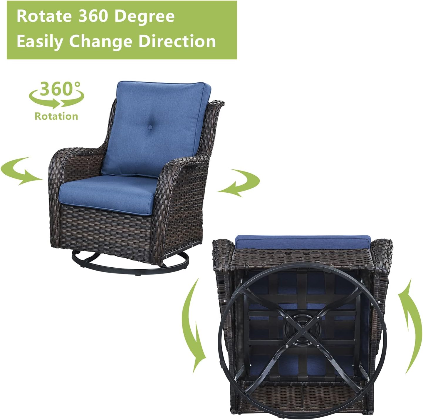 Outdoor Wicker Patio Furniture Set - 6 Piece Rattan Patio Conversation Set with 2 Rocking Swivel Chairs,2 Ottomans,1 Sofa and 1 Coffee Table for Porch Deck Backyard Garden(Brown/Blue)