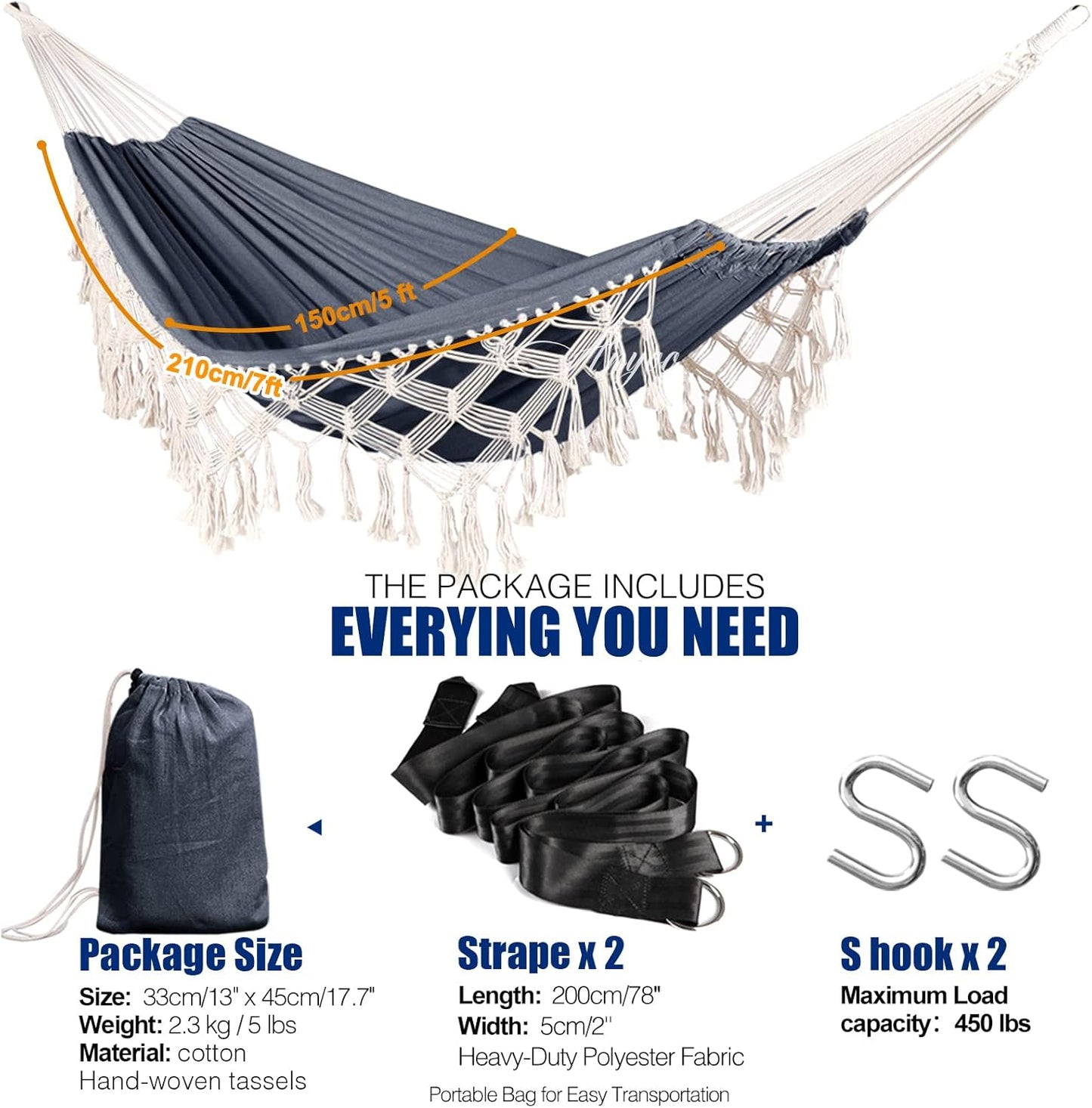 Anyoo Cotton Hammock - Comfortable & Elegant Deluxe Hammock with Tassels - Supports Up to 450lbs - Portable with Travel Bag for Porch, Patio, Yard, Bedroom & Outdoor/Indoor