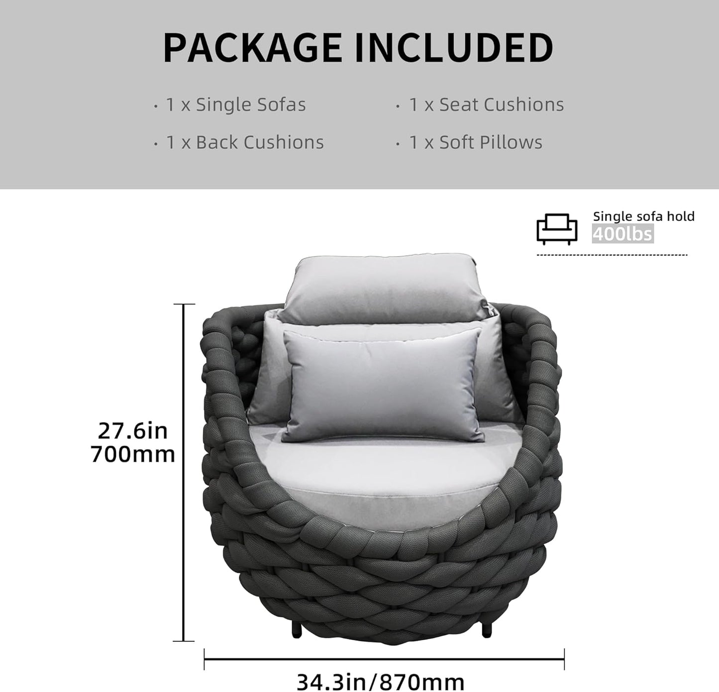 TWT Sunroom All-Weather Polyester Rope Balcony Furniture with Cushions & Pillows, Patio Sofa Couch for Outdoor, Patio, Balcony, Backyard, Deck, Poolside