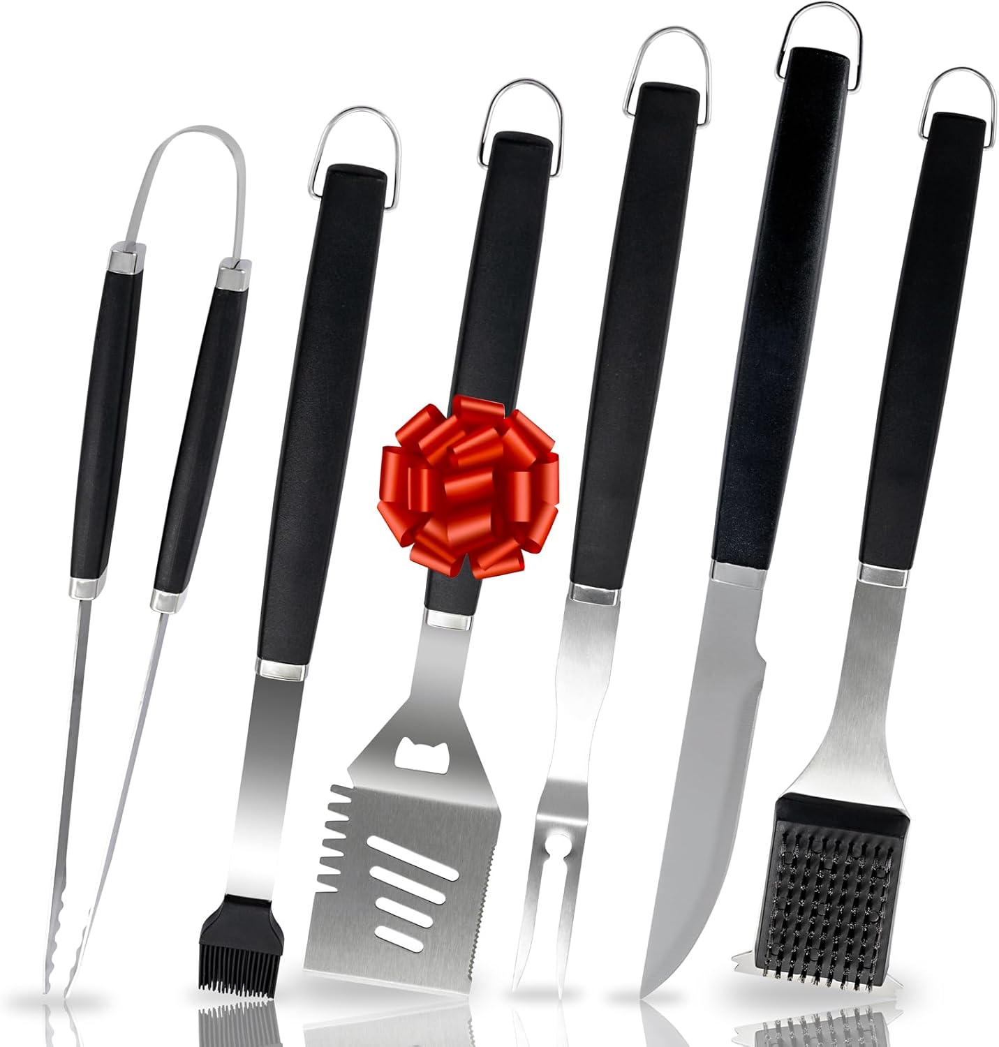 Supernal Pro Grill Master Kit -6pc Heavy Duty Stainless Steel BBQ Tools Set with Anti-Slip Handles|Commercial-Grade Spatula,Grill Brush,Basting Brush,Chef's Knife & More|Gift for Dad's Outdoor Cooking