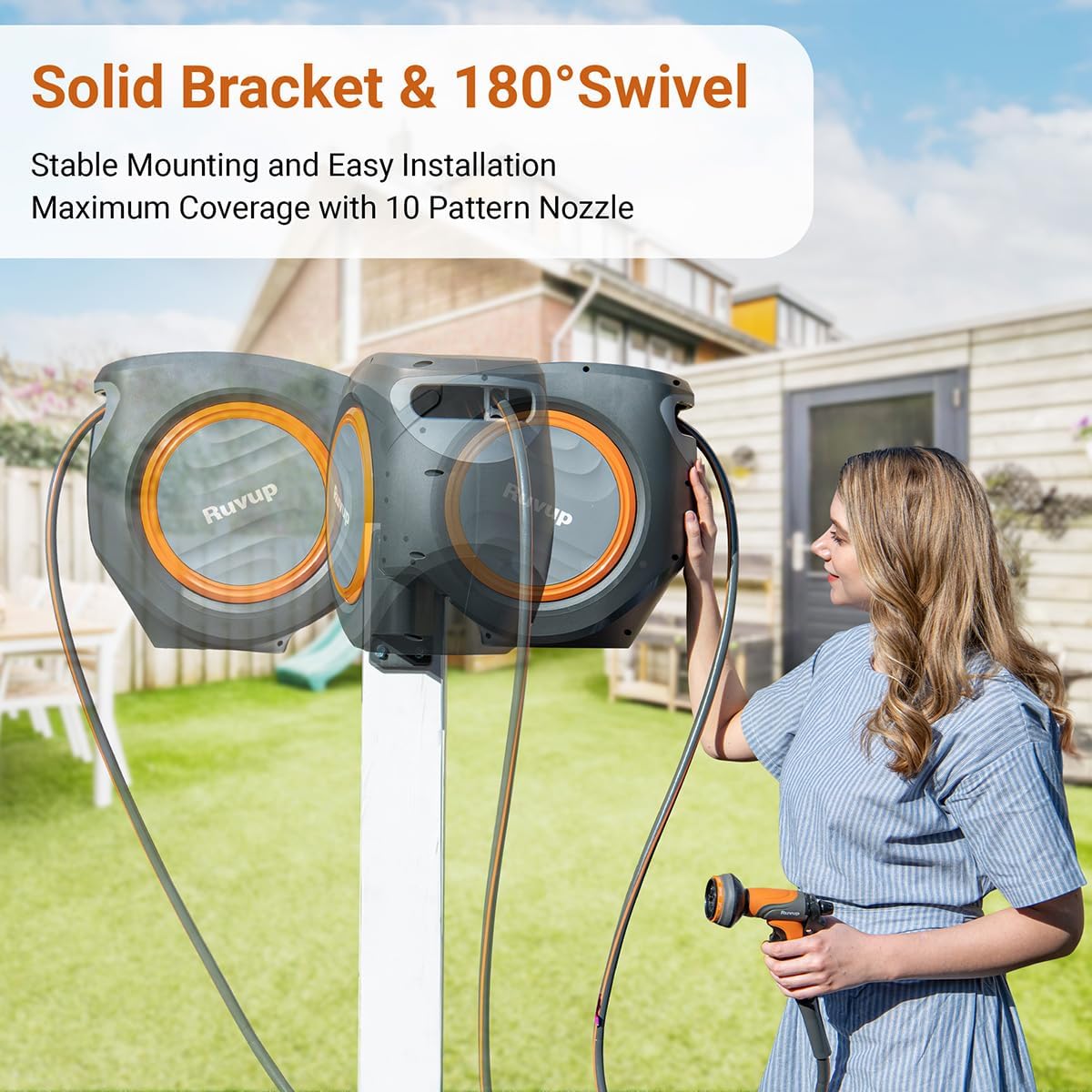 Ruvup Retractable Garden Hose Reel,1/2in x 150ft Water Hose Reel with Metal Bracket, UV Resistant Automatic Hose Reel Wall Mount for Outside, Slow Retraction Any Length Lock 10 Spray Nozzle