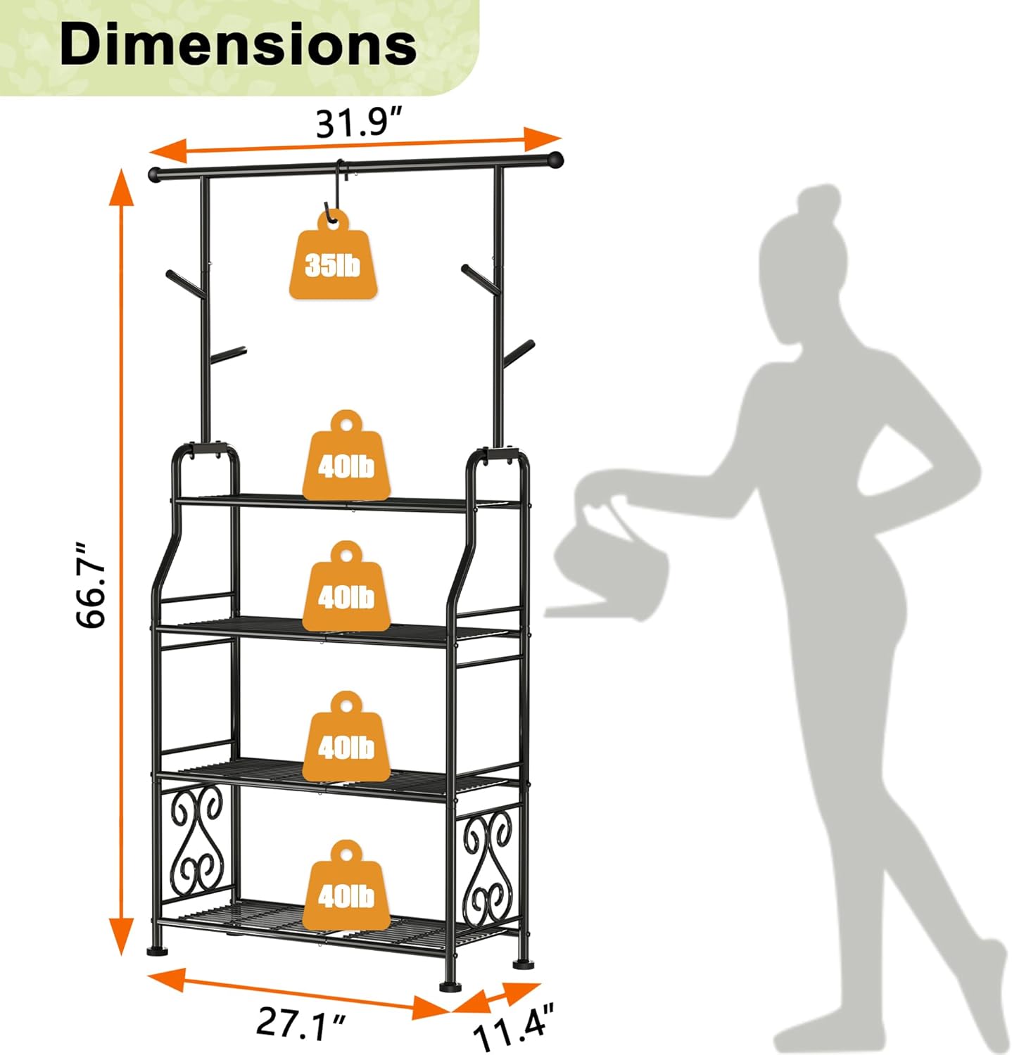 GIOTORENT Plant Stand Indoor Outdoor, 4-Tier Heavy Duty Metal Shelves, Display up to 17 Multiple Plants, Tall Plant Holder with Plant Hanger, Suit for Patio Living Room Garden Balcony, 5 Hooks, Black