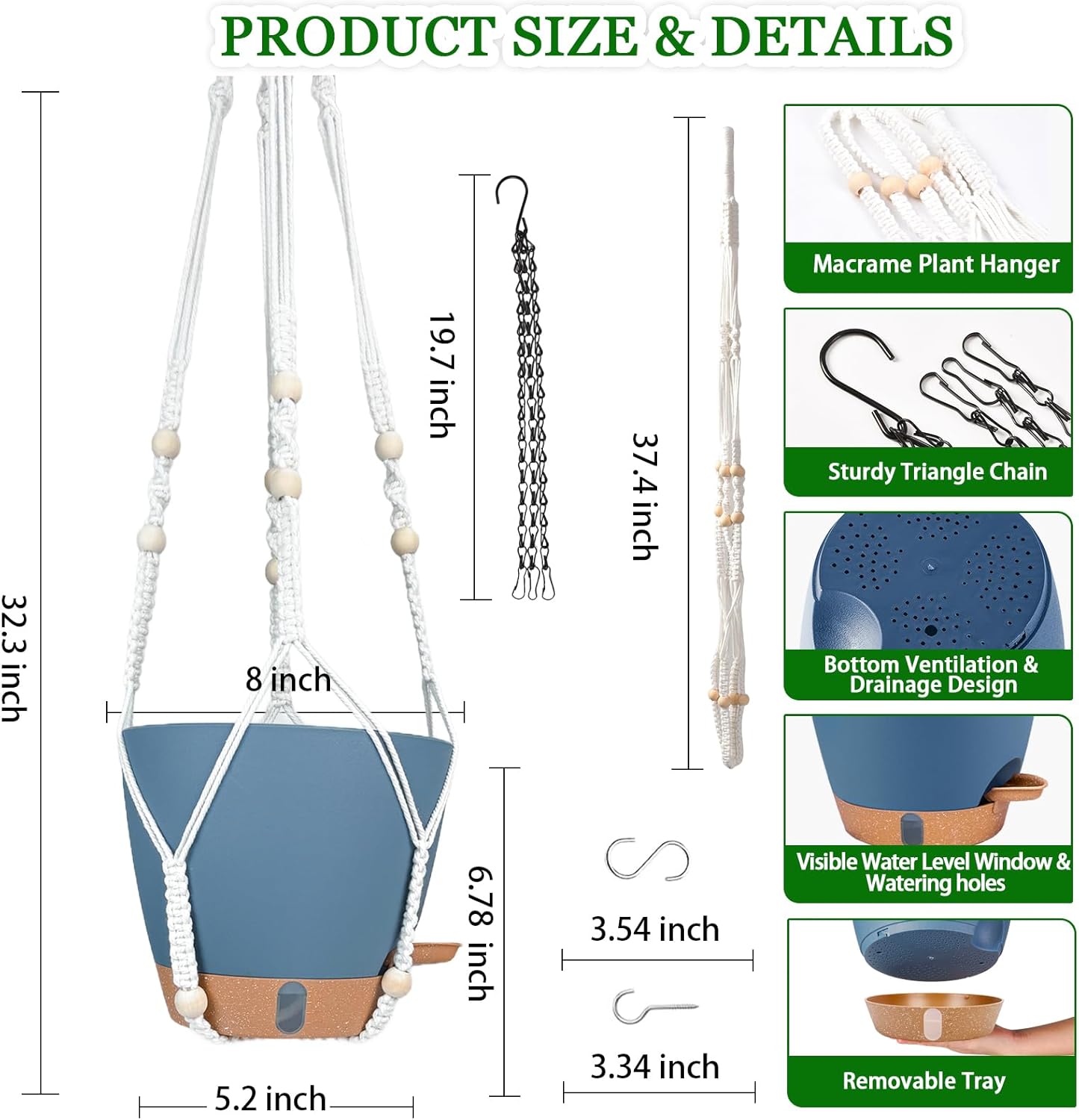 Hanging Planters for Indoor Plants 8 Inch, 2 Pack Hanging Baskets for Plants, Self Watering Hanging Flower Pots with Drainage Hole & 2 Kinds of Plant Hangers for Garden Home Decor (Navy Blue, 8 inch)