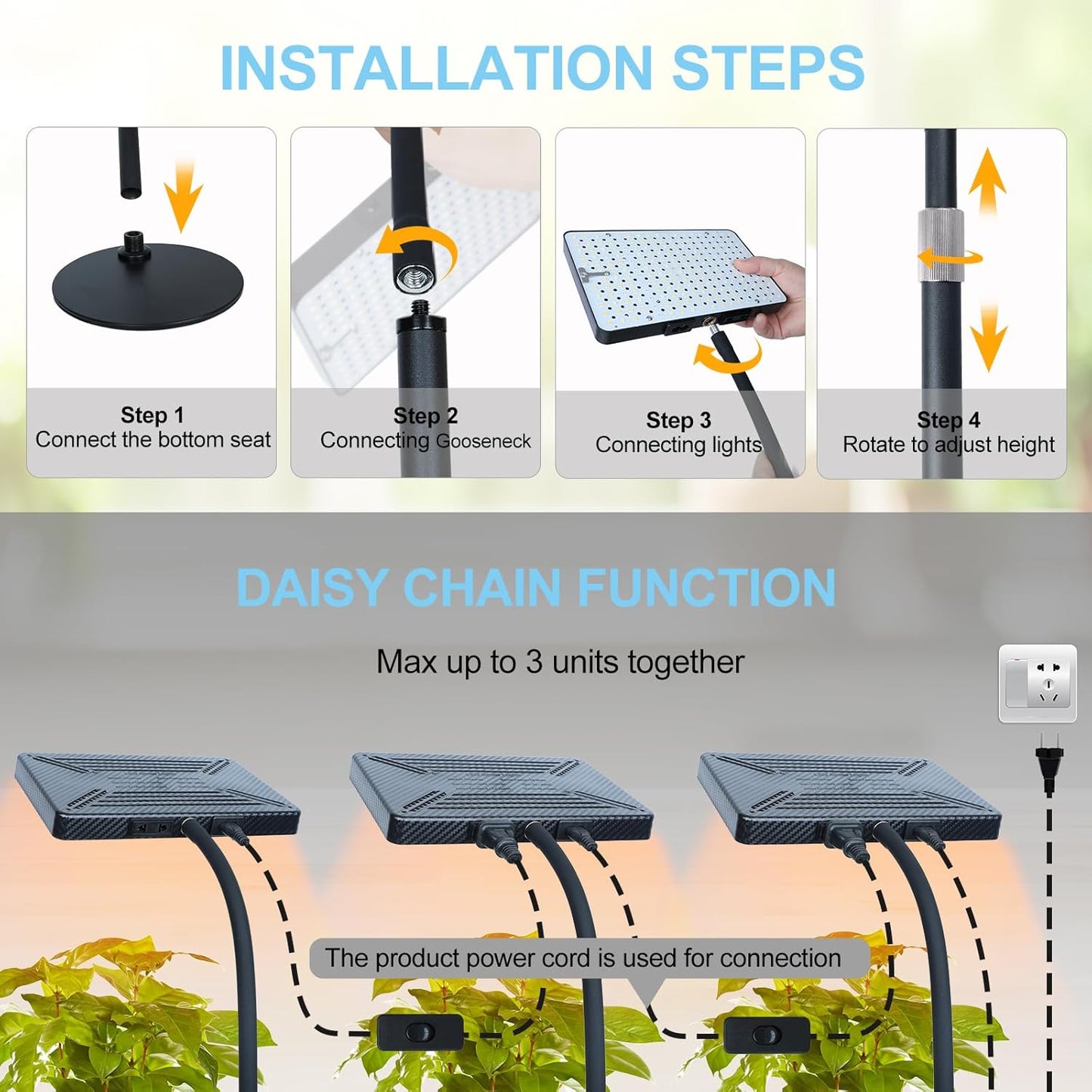25 Watt Power Table Top Grow Lights for Indoor Plants, Seed Starting, Bonsai, 2500 Lumen Enough Bright Like A Small Sun for Your Jungle, Daisy Chain Function, 16"-24" Height Adjustable, Plug-and-Play