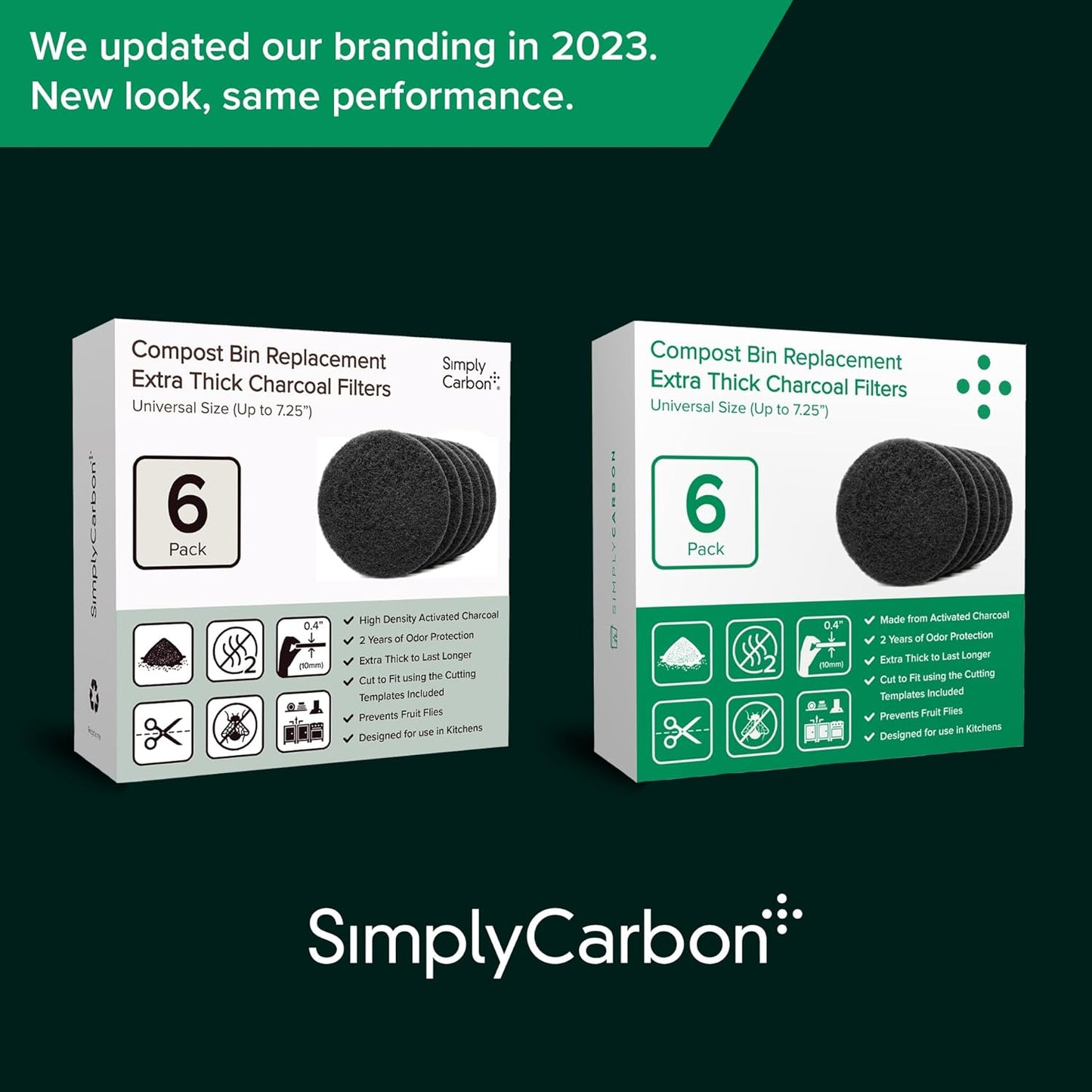 2 Years Supply Extra Thick Filters for Kitchen Compost Bins - Longer Lasting Activated Charcoal - Universal Size Fits ALL Compost Bins up to 7.25" Filter Size - Replacement Set of 6 (by Simply Carbon)