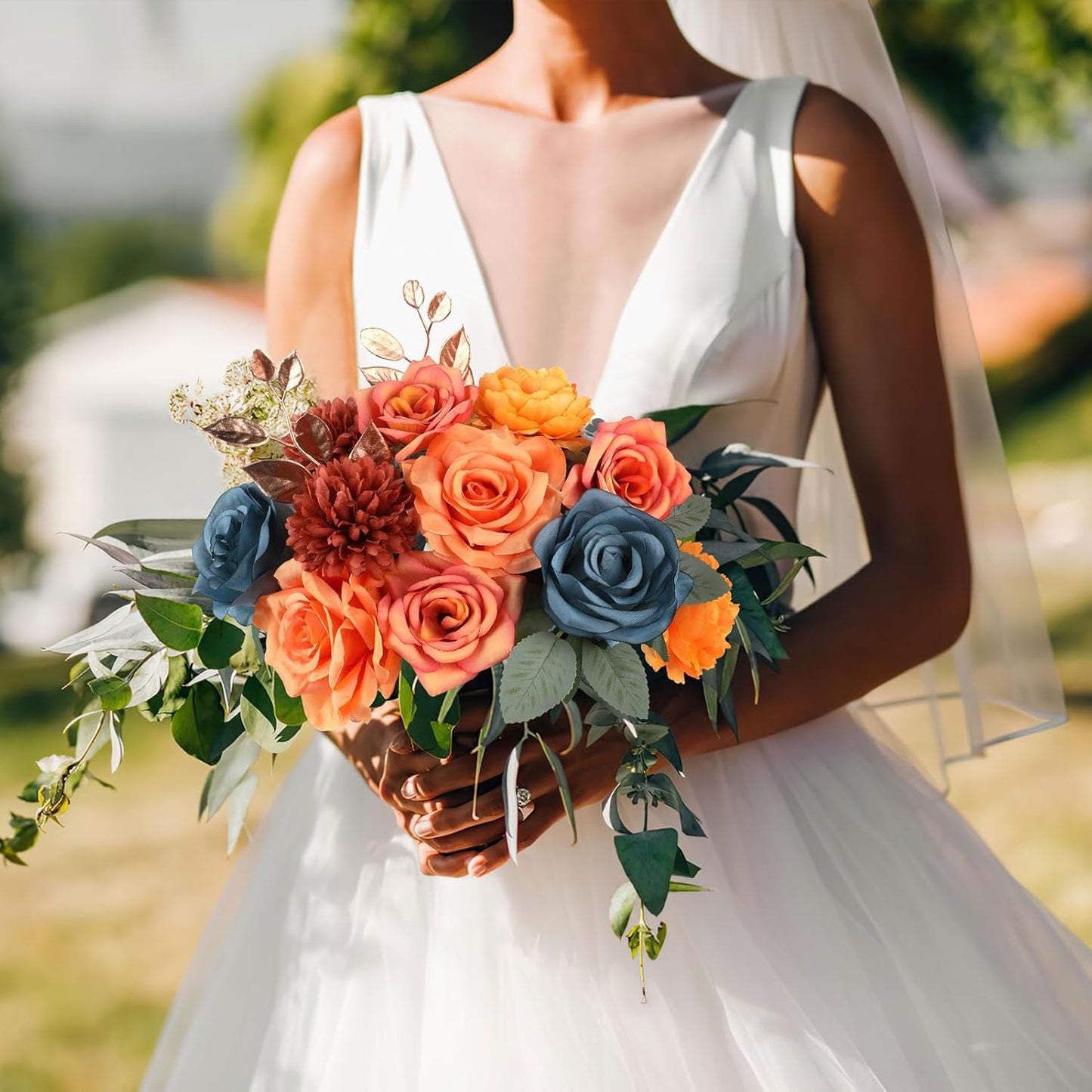 AGIRL Artificial Flowers Combo Silk Mix Purple Fake Flower with Stems for DIY Wedding Bouquets Centerpieces Arrangements Table Chair Decor Baby Shower Home Decor (Teal Orange)