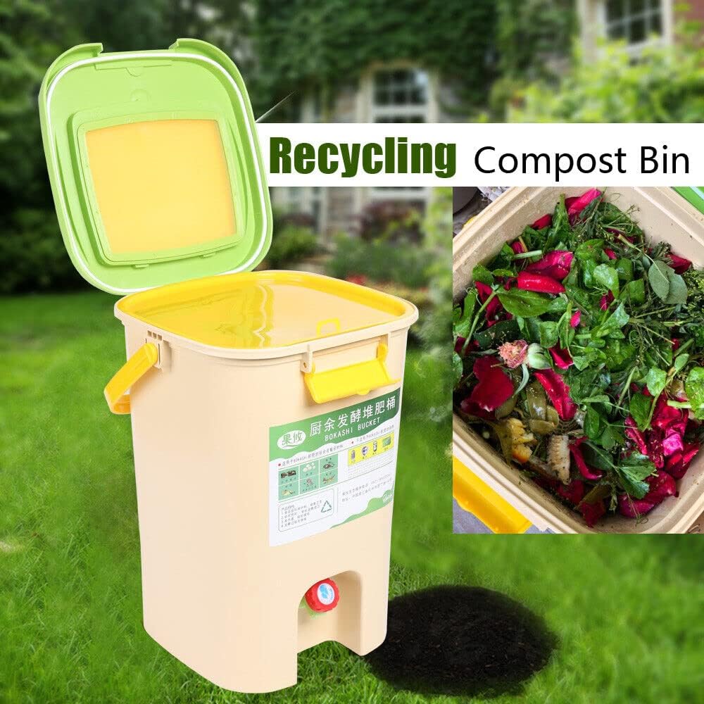21L Recycle Composter Aerated Compost Bin for Kitchen 5 Gallon Bokashi Bucket Kitchen Food Waste 28.5x28.5x42cm/11.22x11.22x16.53inch