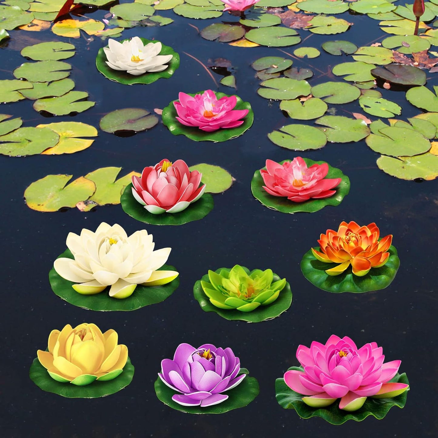 Artificial Lotus Flowers Water Lilies for Pond Pool, 10 Pcs Realistic Floating Foam Lotus Flowers with Lily Pads for Ponds, 4" and 6" Large Lifelike Water Lilies for Fountain Garden Pond Decoration