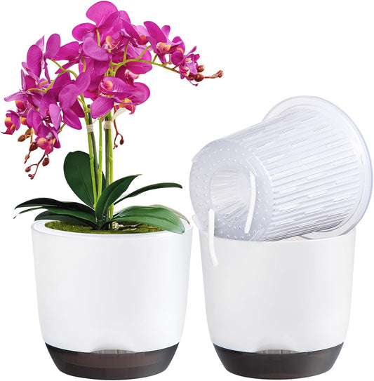 QCQHDU 2 Pack Orchid Pots with Holes for Repotting, Double-Layer and Self Watering Orchid Pot with Good Air Circulation