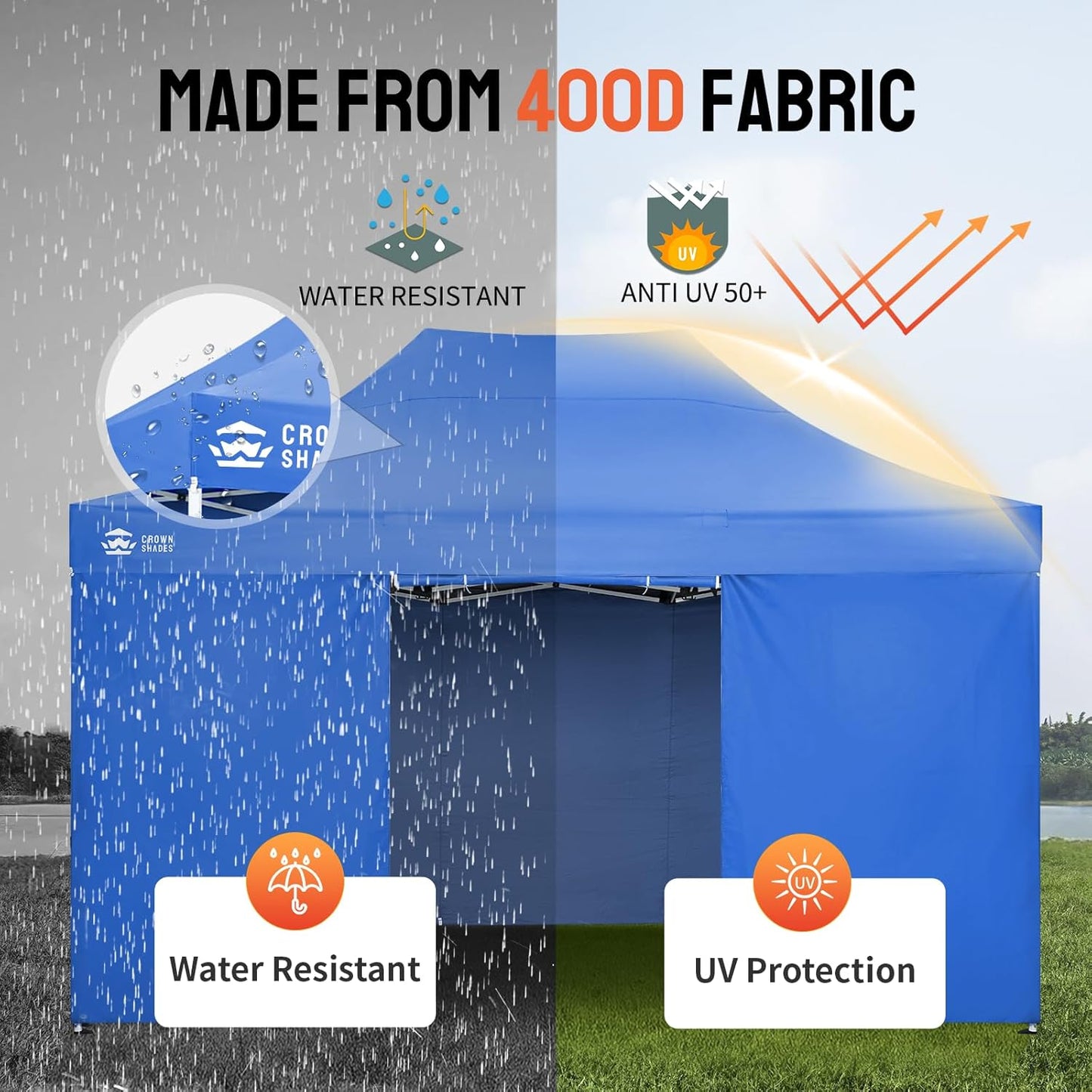 CROWN SHADES 10x15 Pop Up Canopy Tent, Thicken Frame Commercial Heavy Duty Tent, with 4 Sidewalls 8 Stakes & 4 Sandbags & 4 Ropes, Outdoor Canopies for Events, Parties,Blue