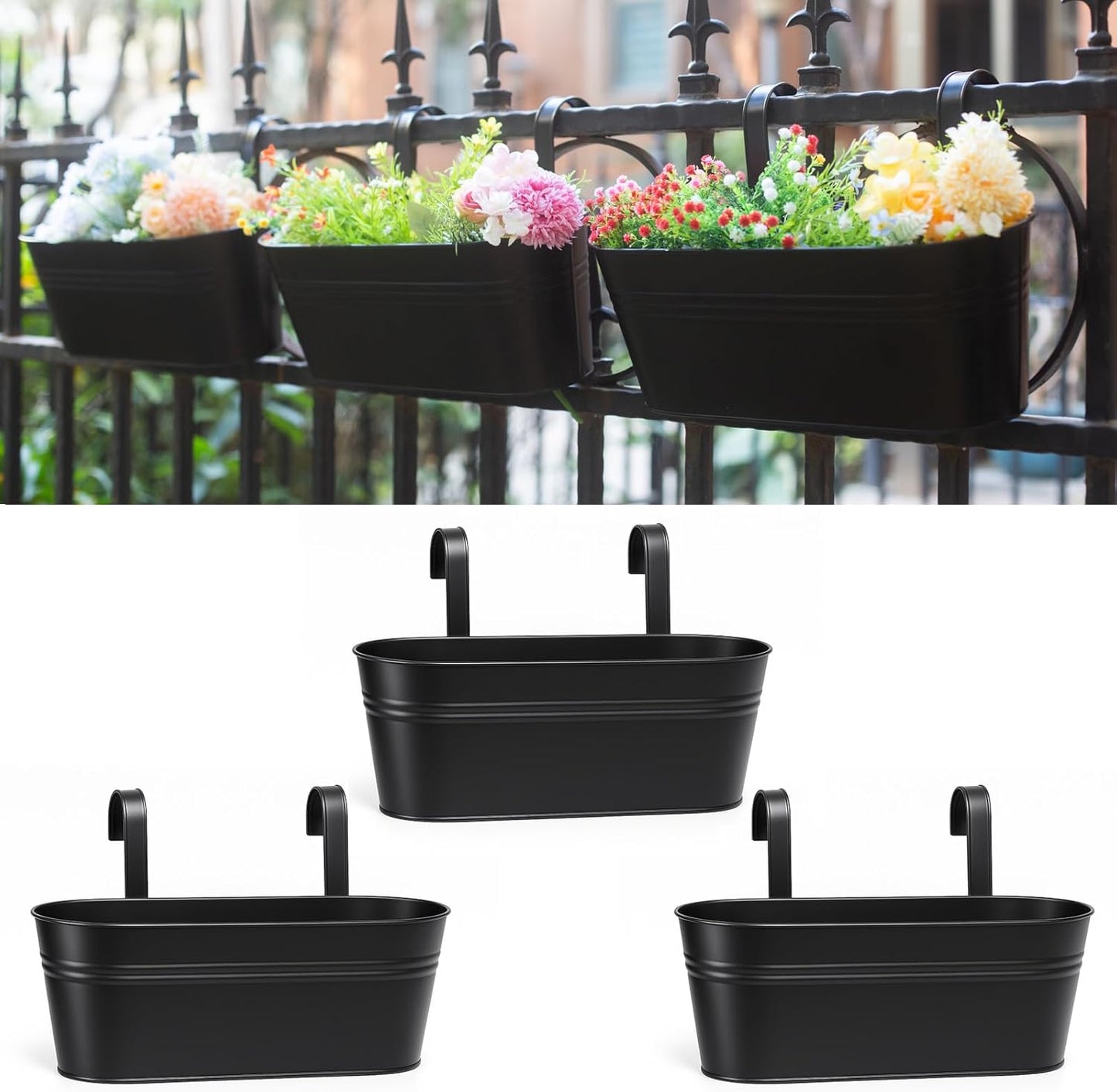 Balcony Planters 16 Inch Railing Hanging Metal Planters with Hooks for Outdoor Plants Flower Boxes for Fence Patio Deck 3 PCS(Black)