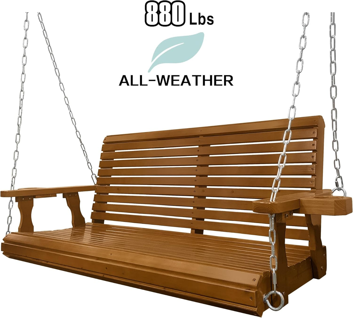 Wooden Porch Swing 2-Seater, Bench Swing with Cupholders, Hanging Chains and 7mm Springs, Heavy Duty 880 LBS, for Outdoor Patio Garden Yard (Cedar Tone, 4.5 FT Extra Large)