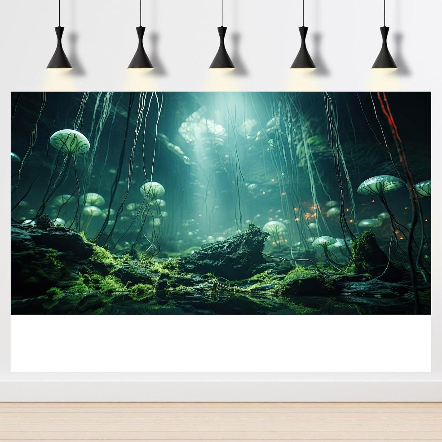 Aquarium Background Foggy Stone Mushroom Green Moss Fish Tank Background Mysterious Green Seaweed Scenery Aquarium Backgrounds White Mushroom Reptile Tank Enclosure Backgrounds Wallpaper 36x24in