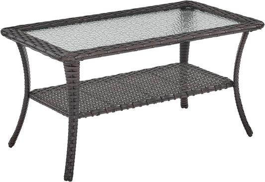 Patio Tables Outdoor Coffee Table - Wicker Rattan Coffee Tables with 2-Tier Storage Shelf Glass Top for Outside Proch Deck Balcony Garden Rectangle Brown