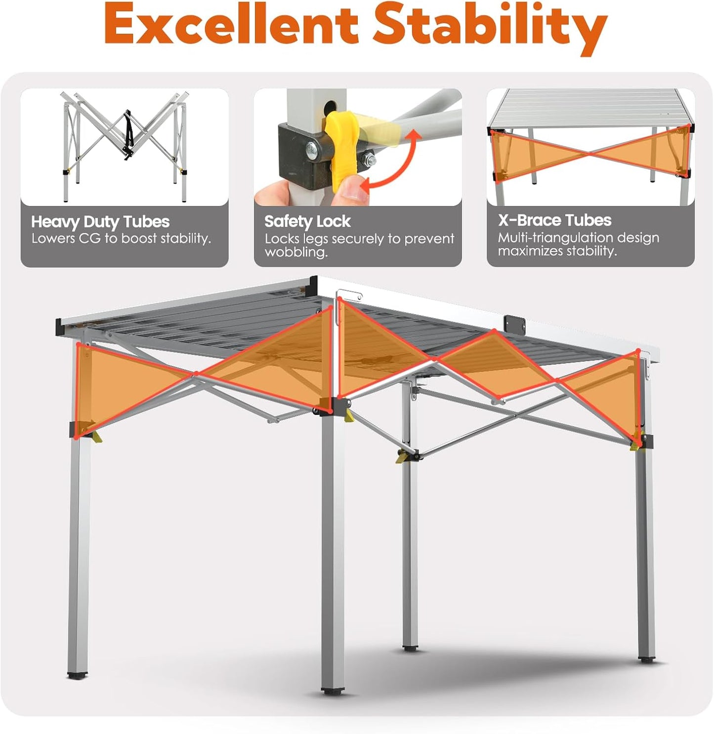 Large 46.4" Camping Table for 2-6 People - 220lbs Capacity Heavy Duty Foldable Outdoor Table with Aluminum Roll-Up Top & Carry Bag, Portable Picnic Desk for BBQ, Tailgating, Backyard (Silver)