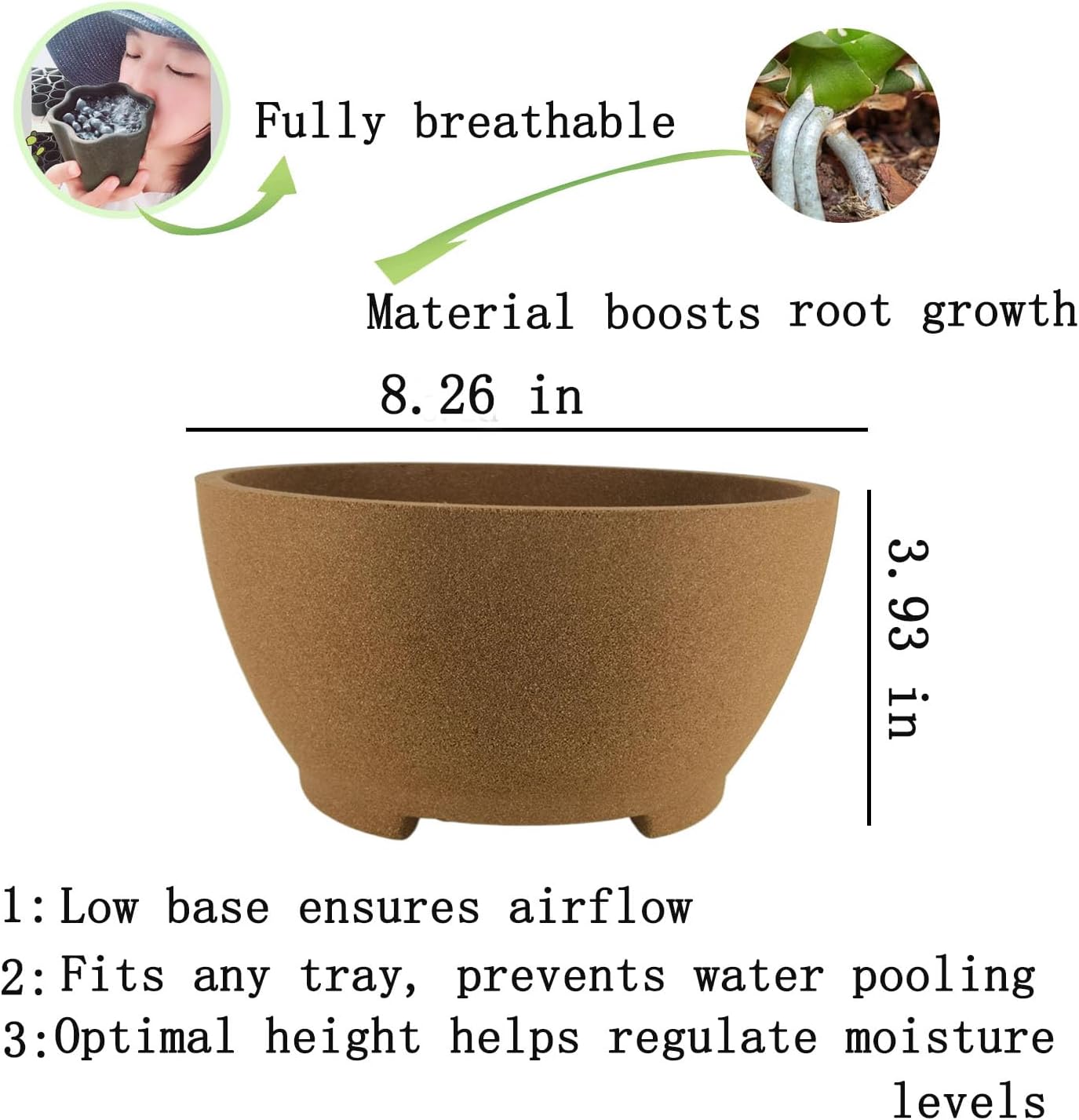 8.26” Large Bonsai Pots with Drainage Breathable Rough Pottery Planter Sand-Textured Short Legs Bonsai Tree Pots Ceramic for Indoor Plants Succulent