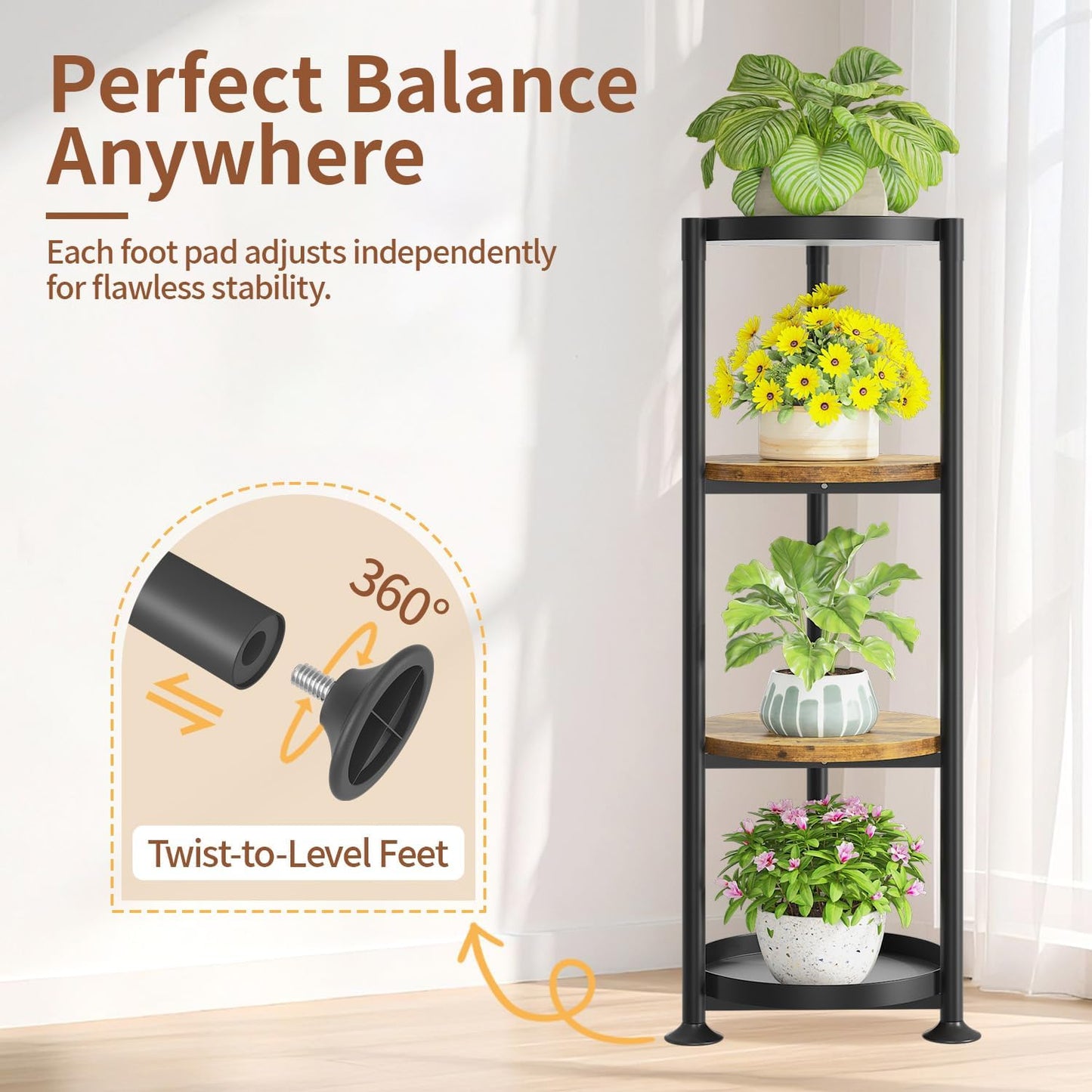 LASZOLA 4 Tier Black Plant Stand Indoor for Large Tall Heavy Duty Flower Planter, Metal Vertical Multi Level Rack for Narrow Floor Corner, Sturdy Round Holder Organizer, Modern, Mid Century, Farmhouse