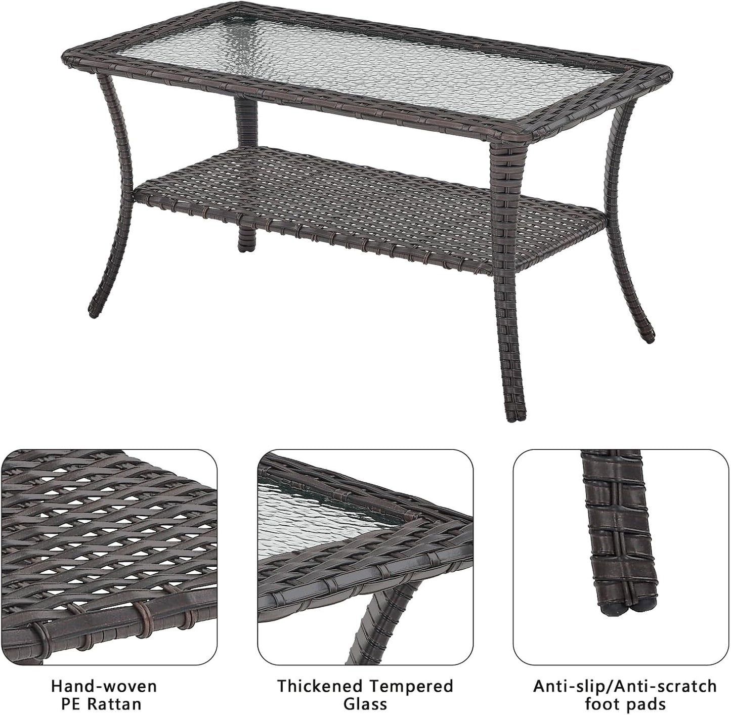 Patio Tables Outdoor Coffee Table - Wicker Rattan Coffee Tables with 2-Tier Storage Shelf Glass Top for Outside Proch Deck Balcony Garden Rectangle Brown