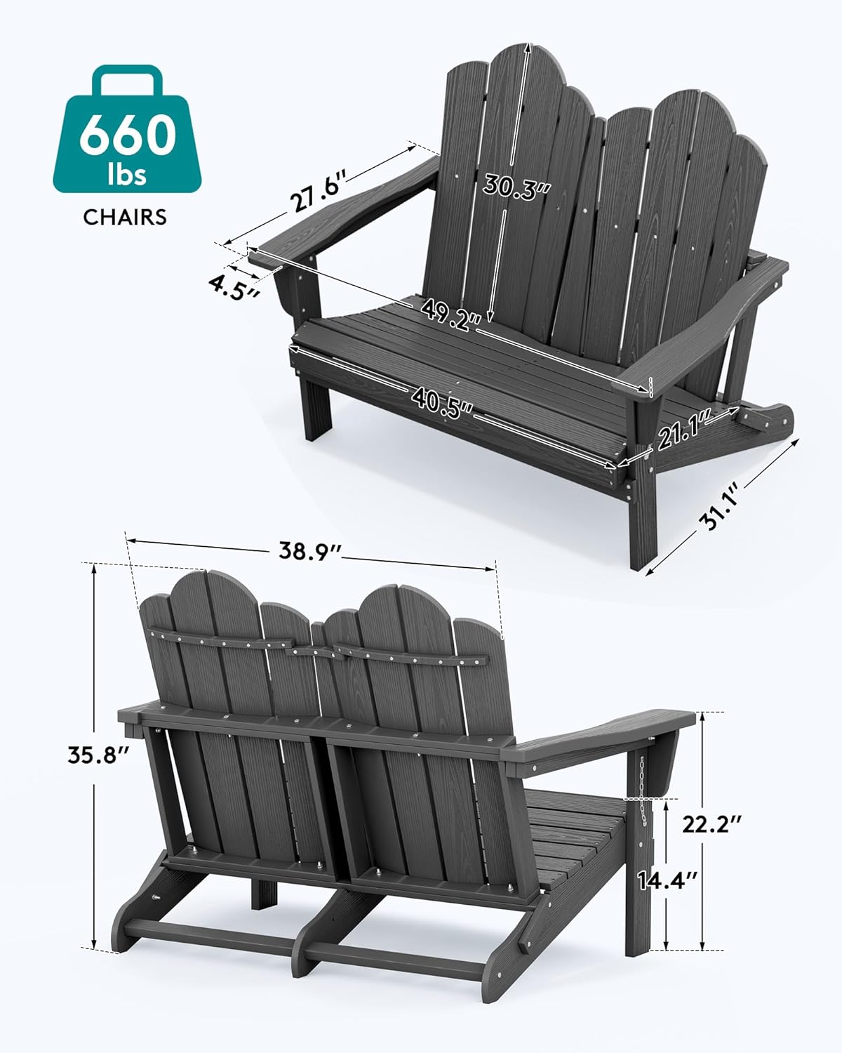 SERWALL 2 Person Adirondack Loveseat, HDPE All-Weather Folding Adirondack Bench Chair, Outdoor Adirondack Chair Set of 4, Grey