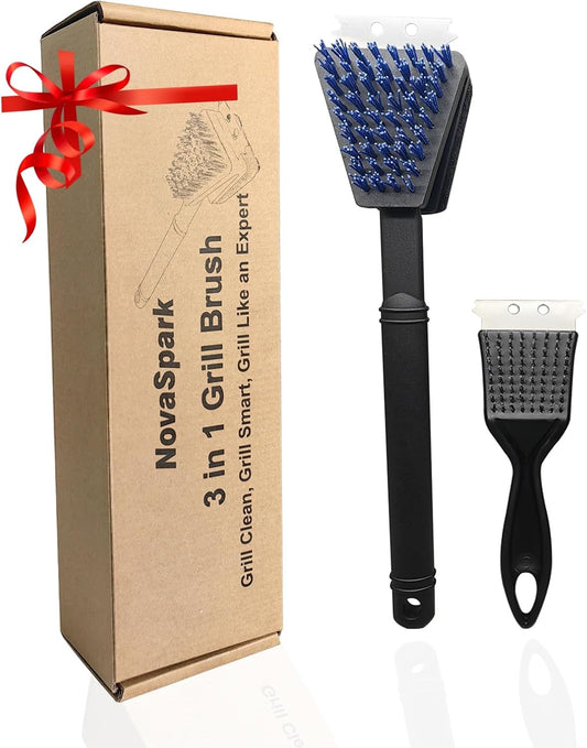 Nylon Bristle Grill Brush for BBQ - Heavy Duty Grill Cleaning Kit with Scraper, Safe for All Grill Types - Non-Scratch Bristles & Long Plastic Handle - Outdoor Barbecue Brush and Accessories