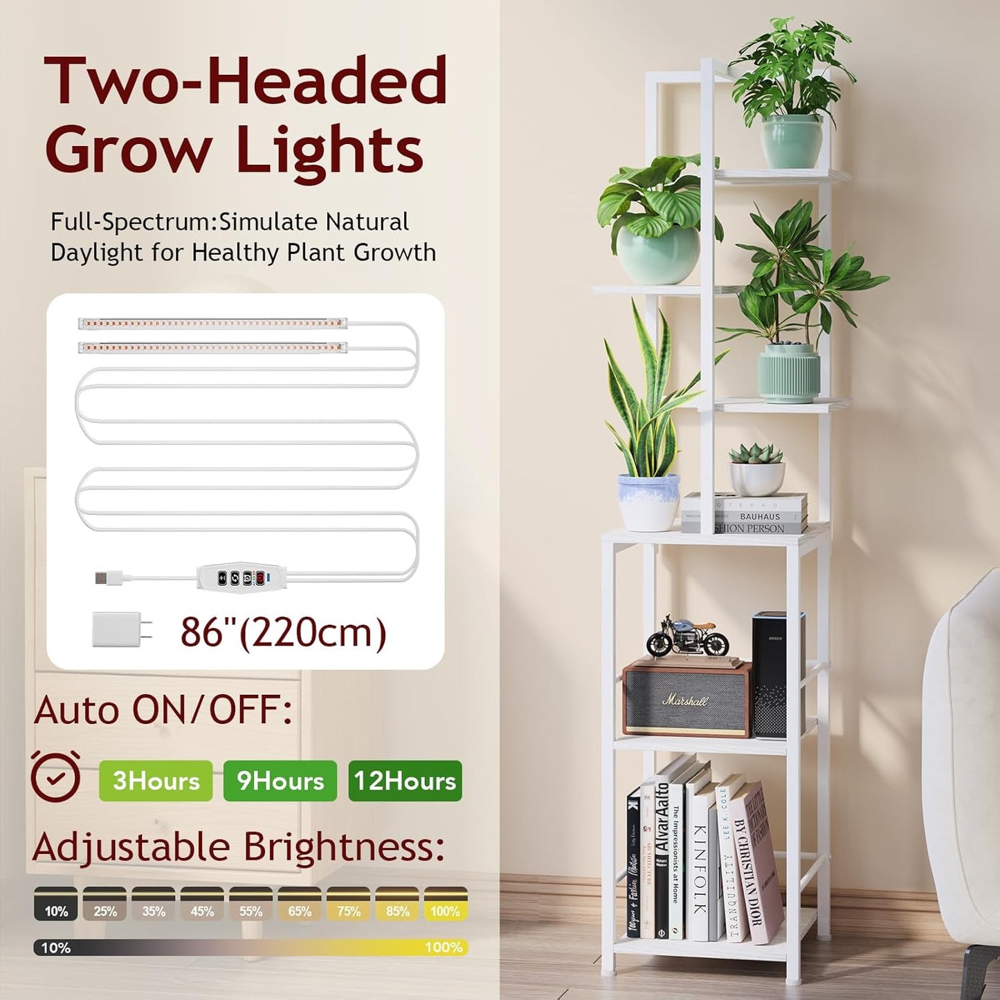 Plant Stand Indoor with Grow Light, 6-Tiered Tall Plant Stand Indoor, Metal Plant Shelf with Bookshelf Bookcase and Adjustable Light, Ideal for Living Room, Reading room, Garden, Patio (white)