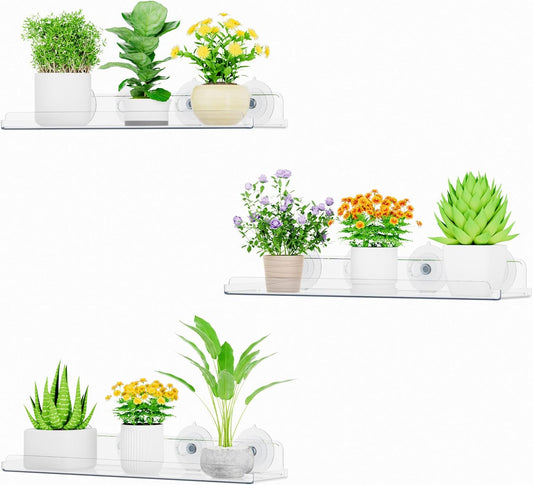 Lifewit Window Plant Floating Shelves 15 x 4 inch, 3 Pack Acrylic Suction Cup Shelf, Window Sill Extender for Indoor Succulent Plants, Micro Greens, Seed Starter Pots, Herb Planters