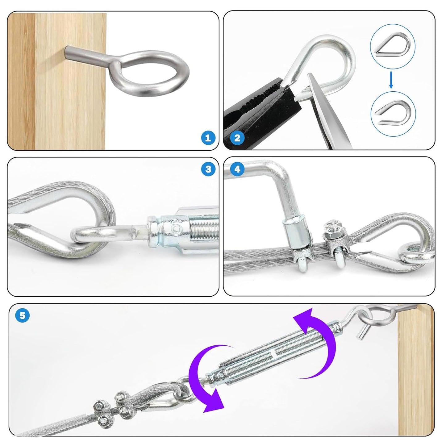 M6 Turnbuckles for Cables Wire Kit, 3/16" PVC Coated Steel Cable Kit w/ 7×7 Strand Core & 100Ft Wire Rope Tensioner Strainer for String Light Hanging/Deck Stair Railing/Shade Sail/Clothes Line