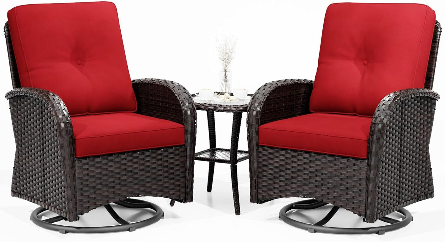 Joyside Outdoor Swivel Rocker Chairs, 3 Piece Wicker Patio Set with Thick Cushion and Side Table, Rattan Patio Swivel Rocking Chairs for Porch, Deck Use (Brown/Red, 3 PCS)