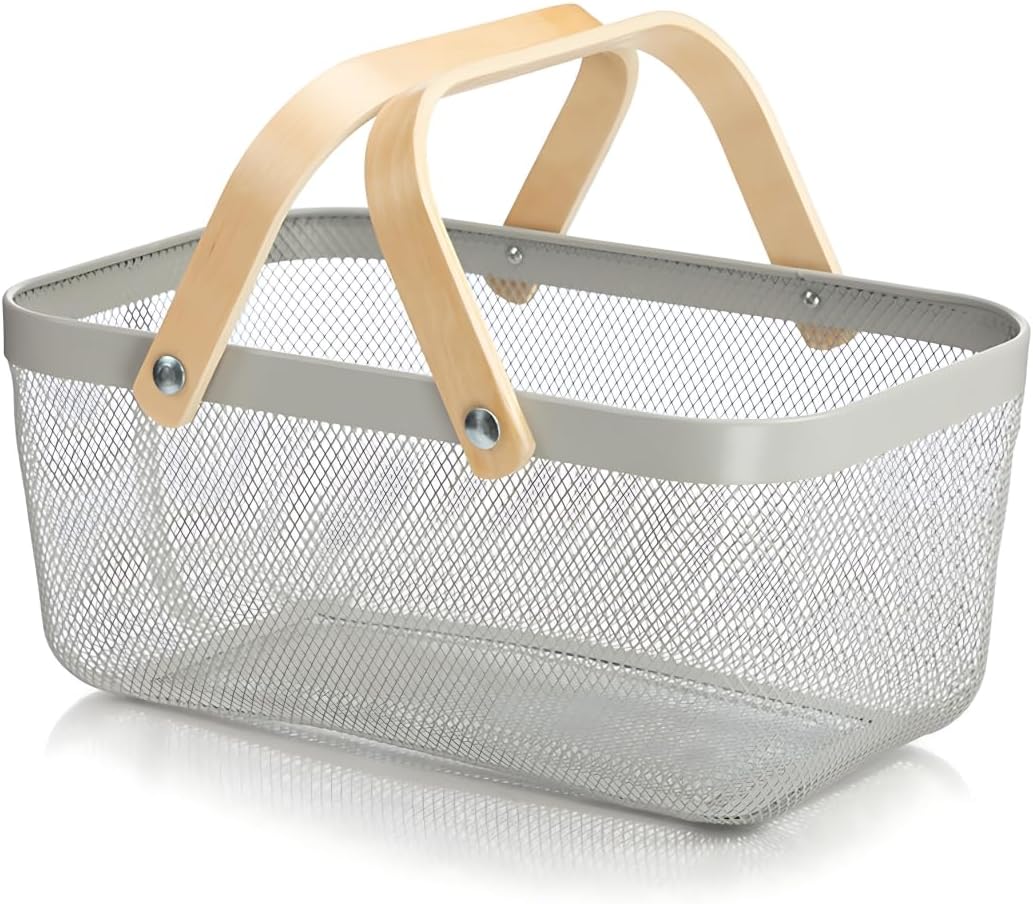Wire Mesh Storage Organizer Basket Portable Garden Harvest Basket Fruit Basket Bin with Wood Handle Ideal for Kitchen Picnic Pantry Cabinets Storage Home Decor (Cold Gray)