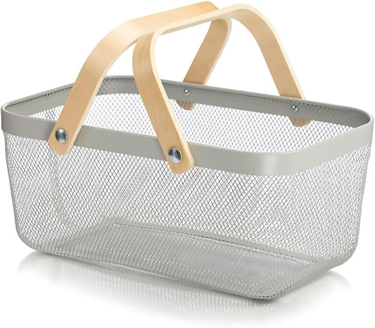 Wire Mesh Storage Organizer Basket Portable Garden Harvest Basket Fruit Basket Bin with Wood Handle Ideal for Kitchen Picnic Pantry Cabinets Storage Home Decor (Cold Gray)