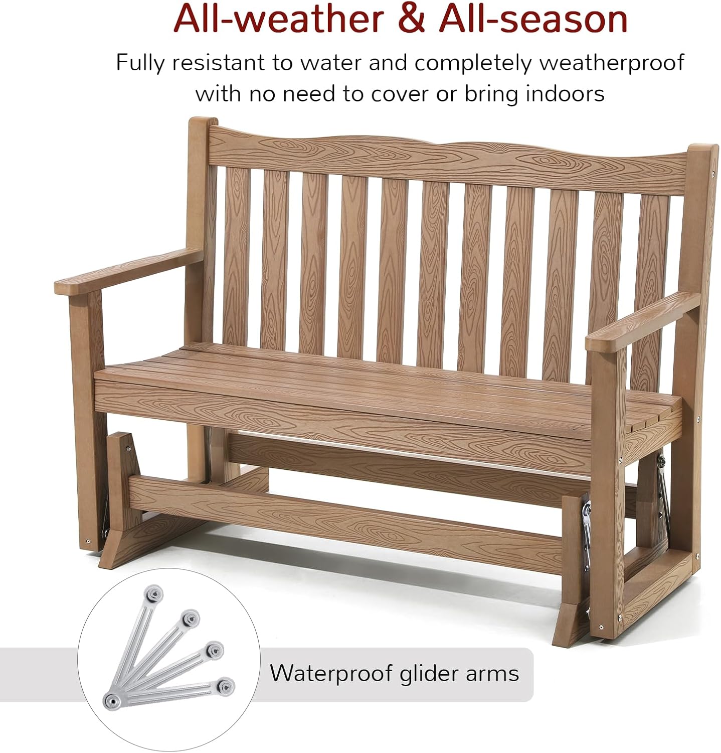 Stoog All-Weather Outdoor Glider Bench, Waterproof 2 Person HIPS Patio Glider with 800 lbs Weight Capacity, Never Fade or Rot, for Backyard, Garden, Porch, Deck, and Pool, Teak