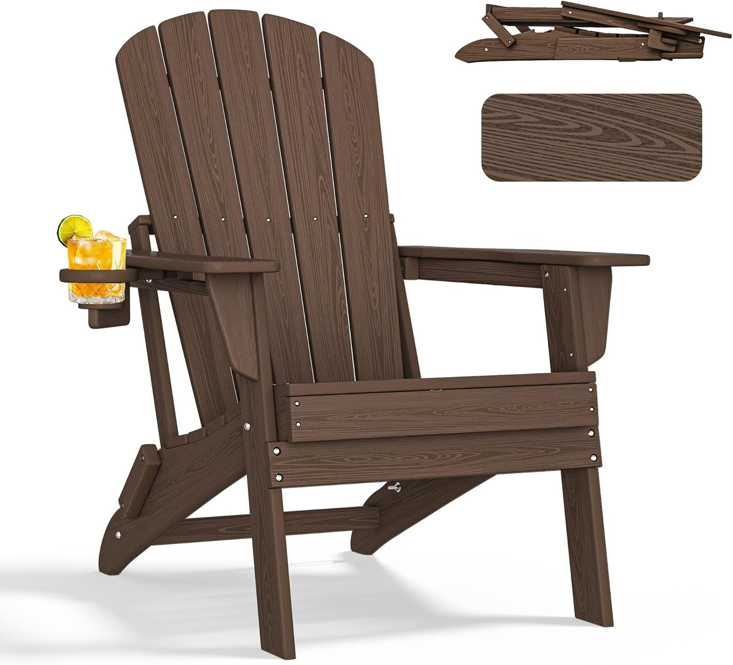 Folding Adirondack Chair with Cup Holder, HDPE Patio Chairs, All-Weather Outdoor Chairs for Backyard, Deck, Fire Pit-Coffee