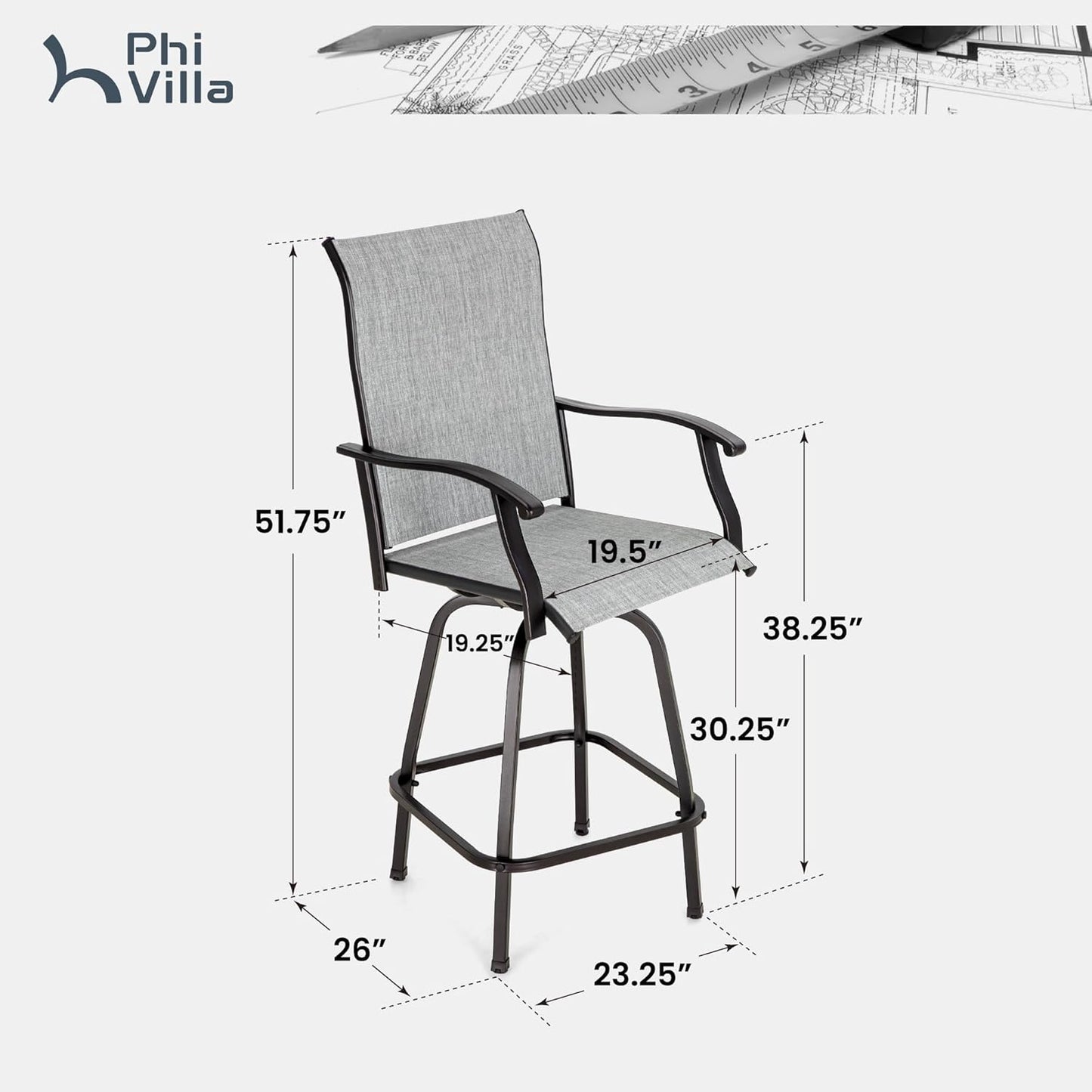 PHI VILLA Outdoor Swivel Patio Bar Stools Set of 2, 30 Inch Bar Height Tall Patio Chairs with Back & Armrest, Durable Textilene Fabric in Grey for Deck Lawn Garden