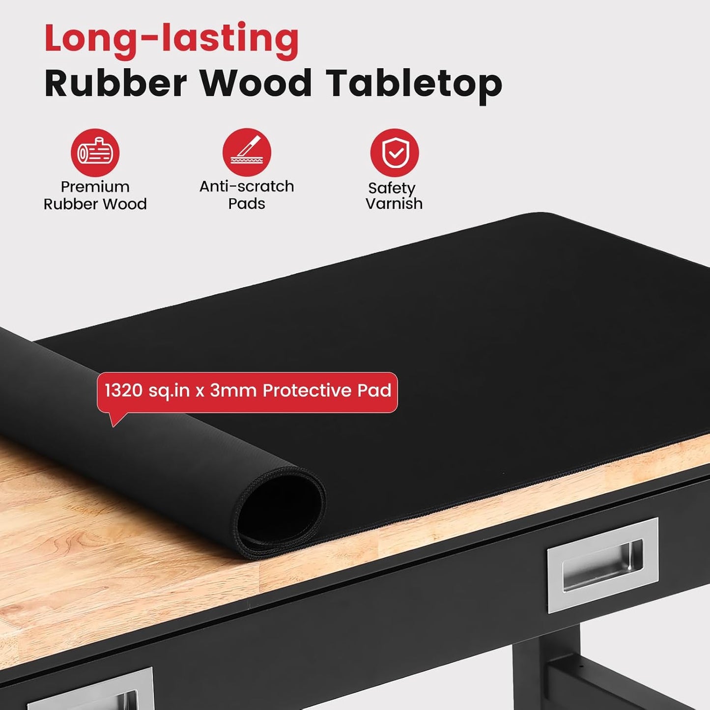 Workbench for Garage 60 x 22 Inch Adjustable Height Work Table with Drawers Heavy Duty Rubberwood Tabletop Work Bench with Pegboard, Power Outlets for Office Home Commercial