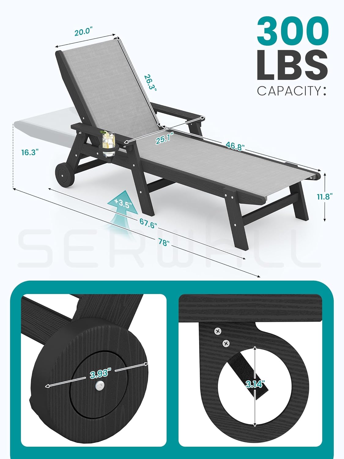 SERWALL Textilene Patio Chaise Lounge Chair Set of 2, 5 Positions Outdoor Lounge Chair with Rolling Wheels for Pool, Deck, Black