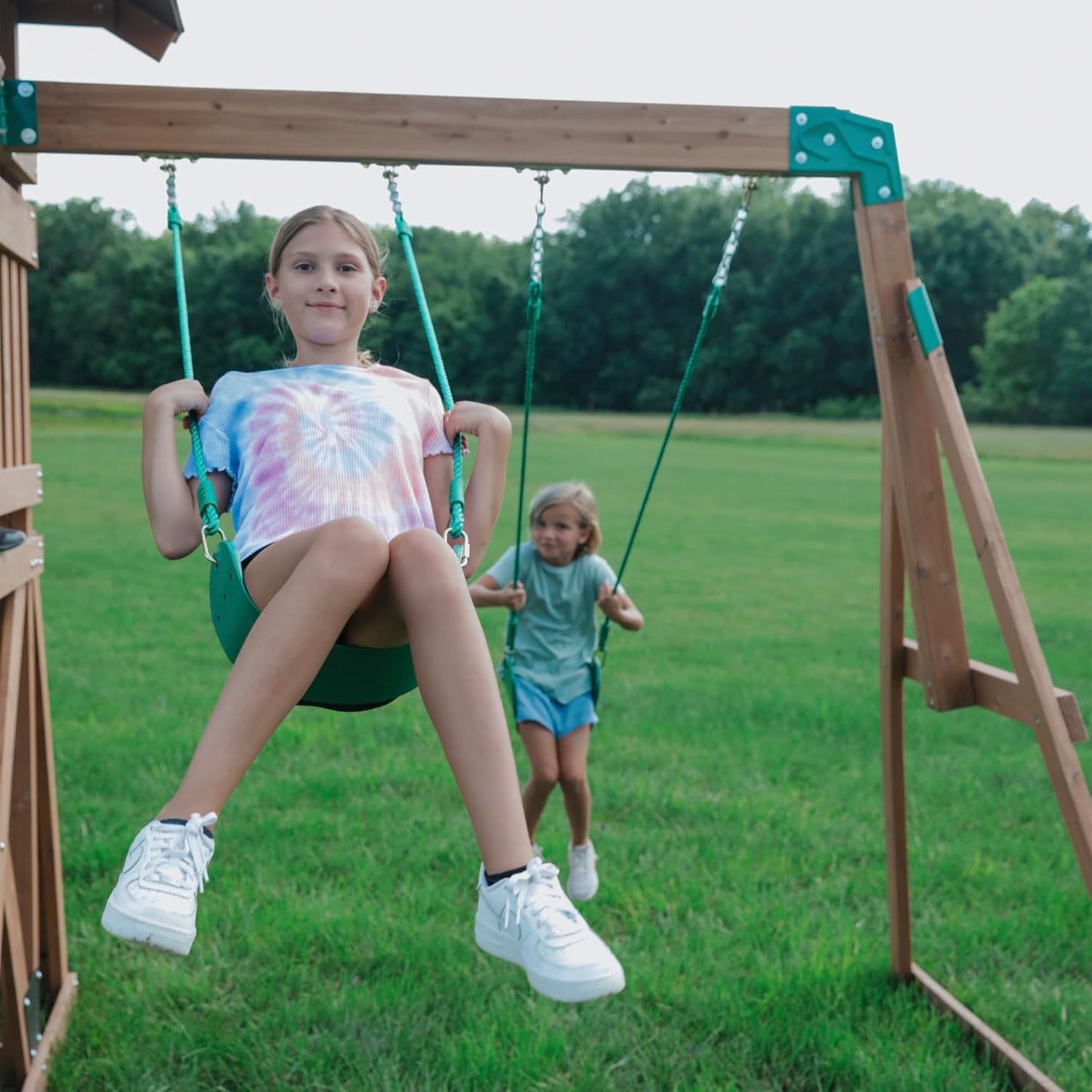 Backyard Discovery Lightning Ridge Cedar Wood Swing Set with Wave Slide, Play Deck, Rock Wall, Sandbox, Belt Swings, Toy Telescope, Steering Wheel, Step Ladder, Outdoor Playset