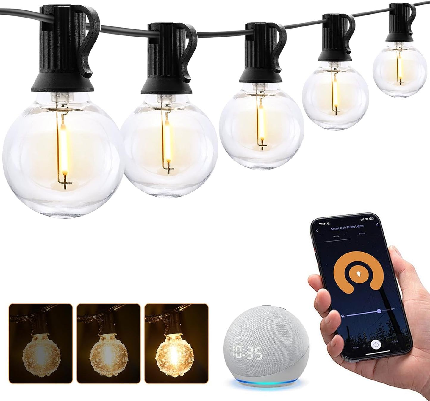 XMCOSY+ Smart Outdoor String Lights, 150Ft G40 Globe Patio Lights with 75 LED Bulbs, WiFi & APP Control, Work with Alexa, Extendable Waterproof Dimmable LED String Lights for Outside, Porch, Cafe