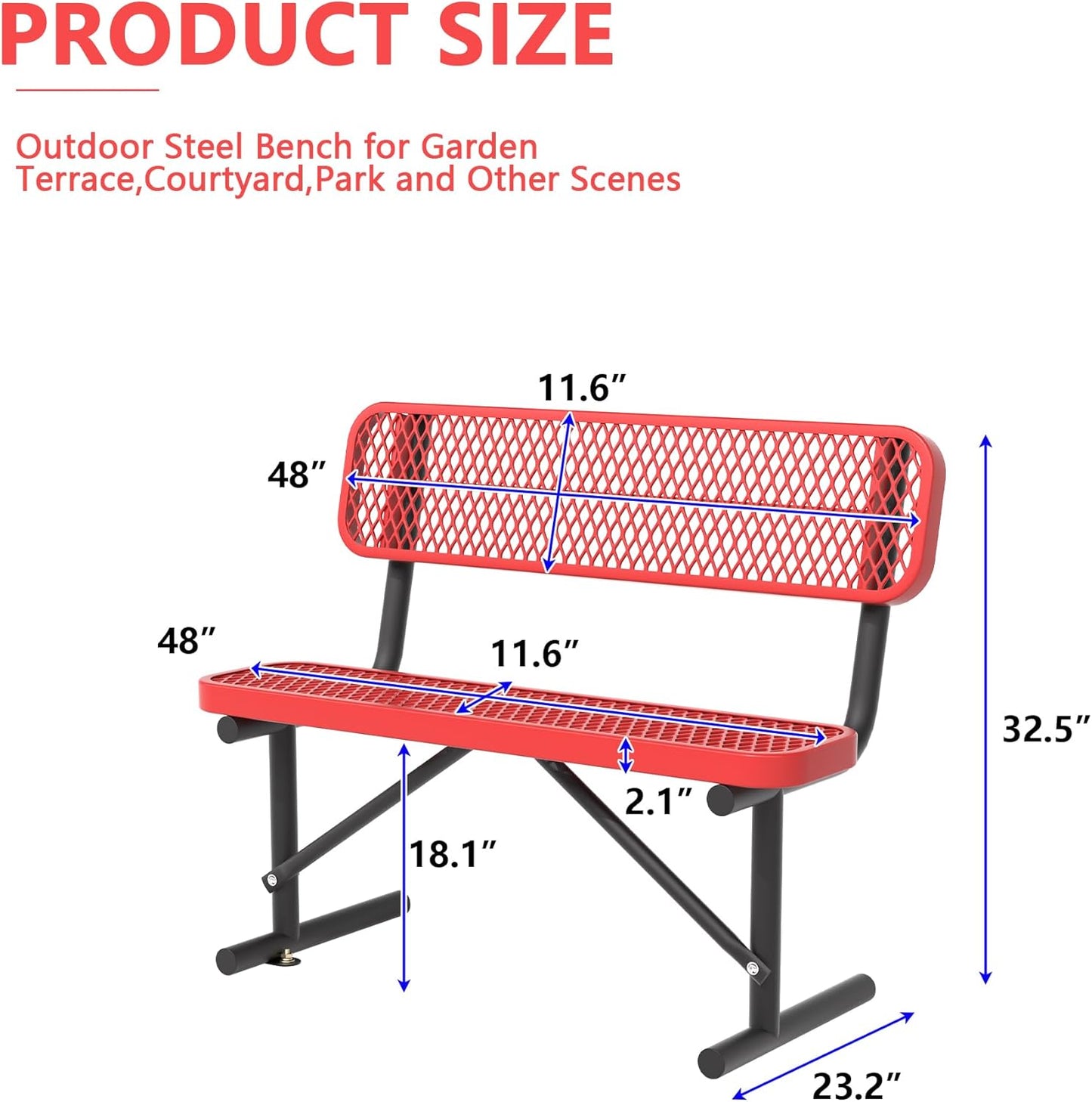 4FT Park Bench for Outside, Heavy-Duty Garden Bench W/ Back, Red Outdoor Metal Bench for Sitting Area, Commercial Bench for School Patio Porch Backyard Sports Church Locker Room Shopping Centers
