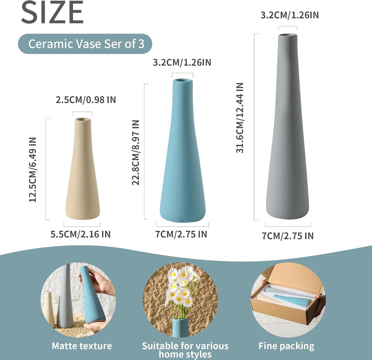 Ceramic Vase Set of 3, Modern Farmhouse Vases Neutral Pottery Vase Pampas Grass Flower Vases for Home Decoration Room Decor Table Living Room Centerpieces Mantel Decor - Blue