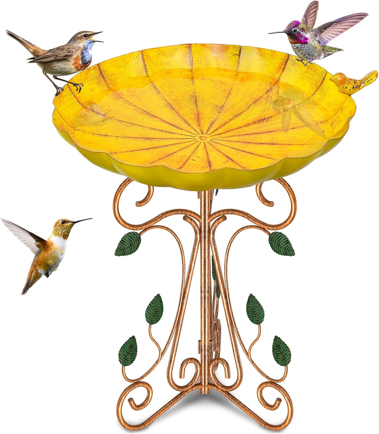 Vintage Metal Bird Bath for Outside, 13" Dia Birdbaths Bowl with Cast Iron Pedestal, Large Antique Bird Feeder with Folding Bracket for Outdoors Garden Patio Yard Decor (Retro Yellow)