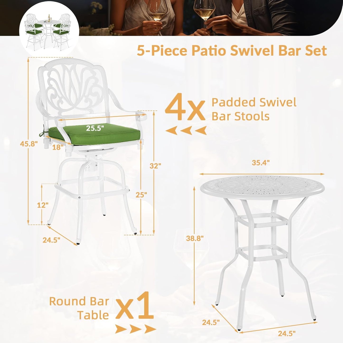 5 Pieces Patio Swivel Bar Set, Patio Bar Table and Chairs Set, All-Weather Cast Aluminum Outdoor Swivel Bar Stools of 4 and 35.4" Round Bar Table, High Top Bistro Set for Deck, Pool, White