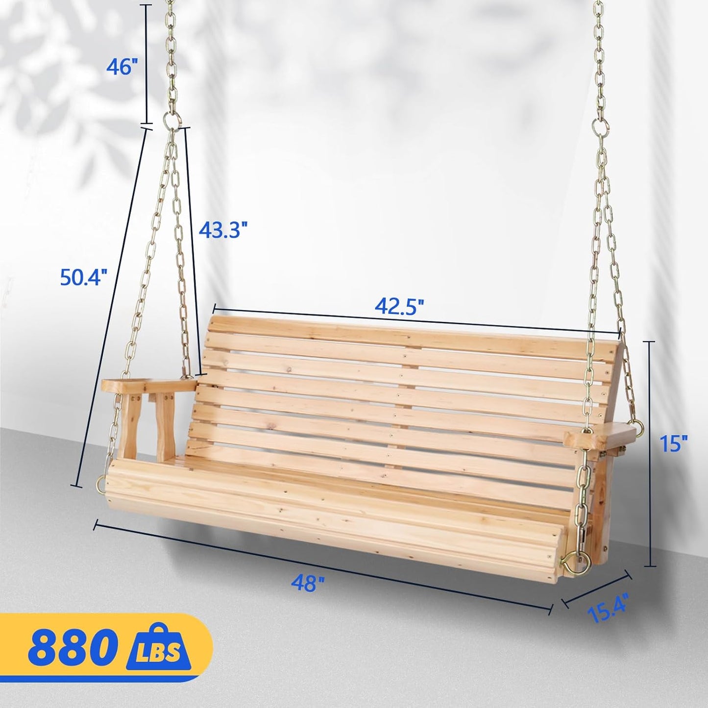 VINGLI Upgraded Patio Wooden Porch Swing for Courtyard & Garden, Heavy Duty 880 LBS Swing Chair Bench with Hanging Chains for Outdoors (Natural, 4 FT)