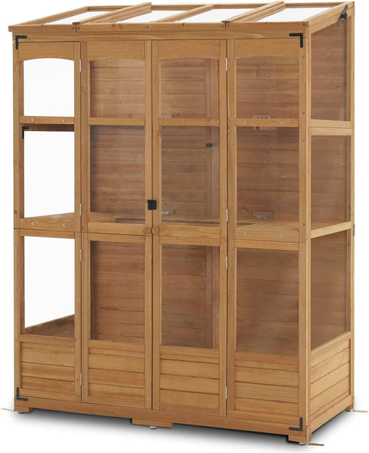 MCombo Wooden Greenhouse, Walk-in Outdoor Greenhouse with Openable Roof and Lockable Door, 0899 (Natural)