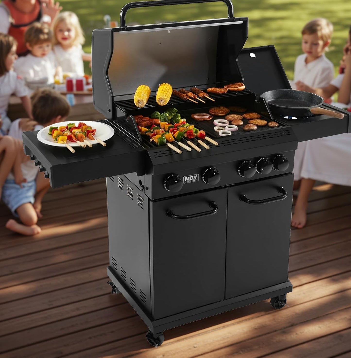 MBY 4-Burner Propane Gas Grill, 50,000 BTU Heavy Duty Outdoor BBQ Grill with Side Burner, Cast Iron Cooking Grates & Griddle for Backyard Barbecue
