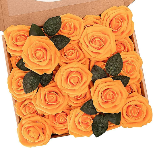 N&T NIETING Artificial Flowers, Fake Flowers Orange Roses Perfect for DIY Wedding Bridal Bouquets Centerpieces Bridal Shower Party Home Flower Arrangement Decorations, 25Pcs