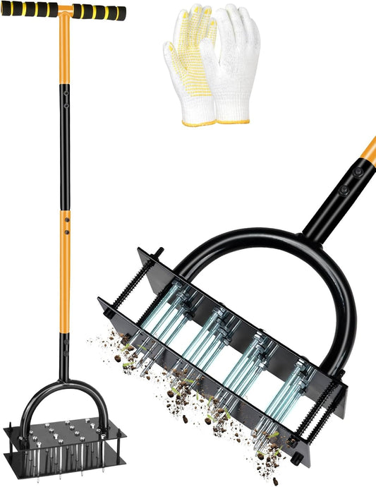 Manual Lawn Aerator Tool with 16 Steel Spikes, Adjustable T-Handle Hand Aerator Lawn Tool with 4-Spring Self-Cleaning Design for Soil Loosening & Grass Root Growth in Lawn, Garden & Backyard