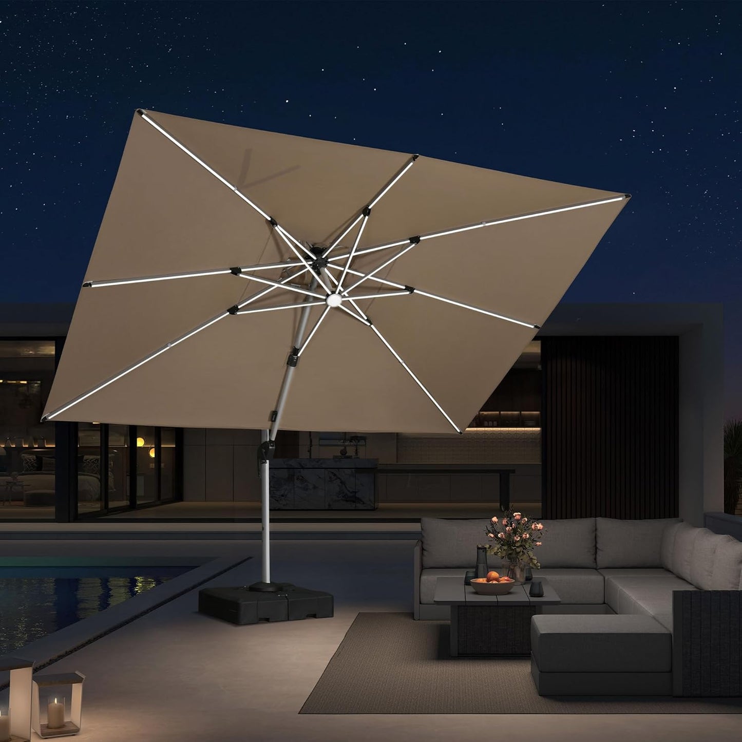 PURPLE LEAF 9' X 12' Solar Powered LED Patio Large Umbrella Offset Double Top Hanging Umbrella Outdoor Market Umbrella for Garden, Deep Beige